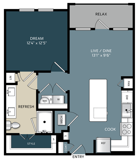 A floor plan of a house with labeled rooms such as RELAX, DREAM, LIVE/DINE, REFRESH, and COOK.